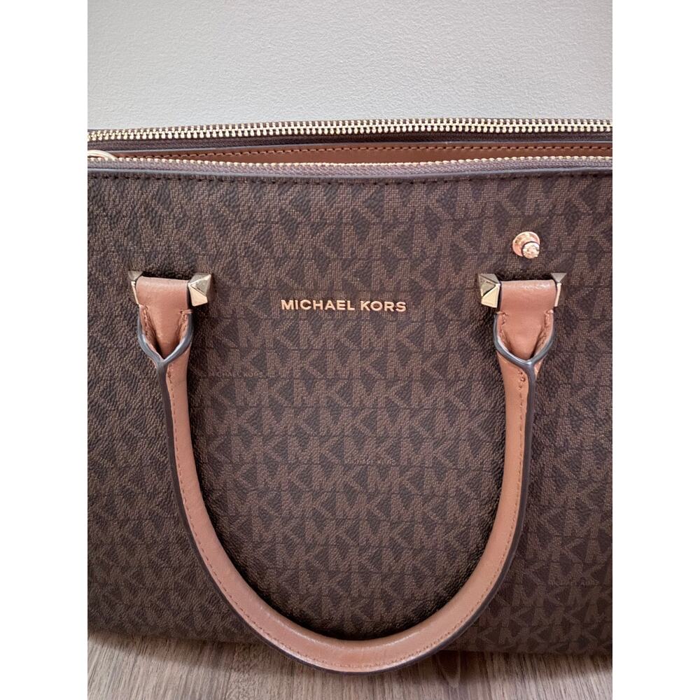 Michael Kors Medium Signature Logo Dome Top Brown MK Logo Satchel Purse - Picture 2 of 7